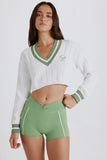 Cable Knit Cotton Cropped Jumper in Green Ivory