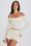 Soft Jersey Off Shoulder Halterneck Longline Top in Cream