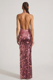 Sequin Embellished Halterneck Maxi Dress in Pink