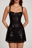 Embellished Peekaboo Corset A Line Mini Dress in Black Zebra