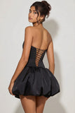 Lace Up Bubble Hem Corset Micro Mini Dress in Black