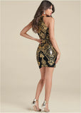 Embroidered Sequin Mini Dress Black Gold
