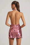 Sequin Embellished Halterneck Mini Dress in Pink
