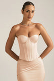 Satin Lace Up Corset Top in Beige Gold