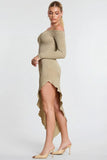 Long Sleeve Off The Shoulder Modal Cashmere Blend Maxi Dress in Taupe