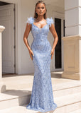 Evening Allure Sequin Feather Gown Light Blue