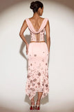 Embellished Mid Rise Hanky Hem Midaxi Skirt in Pink