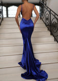 Touch of Glamour Satin Gown with Side Slit Cobalt Blue