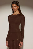 Embellished Crew Neck Long Sleeve Top in Chocolate Brown