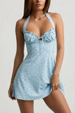 Halterneck A Line Mini Dress in Blue Flower Print