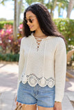 Harrisyn Ivory Cropped Crochet V Neck Hoodie