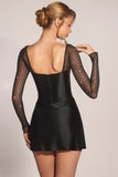 Embellished Long Sleeve Draped Mini Dress in Black