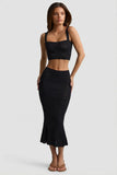 Ruffle Trim Pointelle Knit Midaxi Skirt in Black