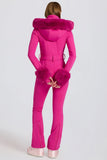 Waterproof Faux Fur Hood Fitted Ski Suit in Magenta Pink