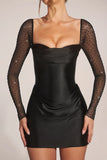 Embellished Long Sleeve Draped Mini Dress in Black