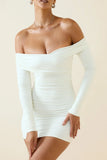 Off Shoulder Ruched Bodycon Mini Dress in Vanilla