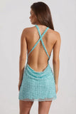 Embellished Cowl Neck Backless Mini Dress in Aqua Blue