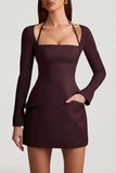 Pinstripe Structured A Line Mini Dress in Chocolate Brown