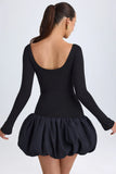 Modal Scoop Neck Drop Waist Bubble Hem Mini Dress in Black