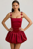 Bow Detail Ruched Bubble Hem Mini Dress in True Red