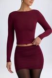 Modal High Neck Long Sleeve Open Back Top in Wine Red