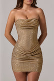 Embellished Bandeau Cowl Waist Mini Dress in Gold