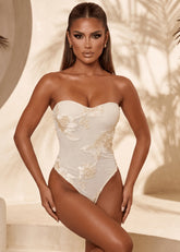 Soft Embrace Floral Embellished Bodysuit Cream