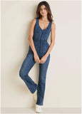Lace Print Denim Jumpsuit Medium Wash