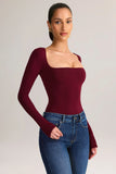 Modal Square Neck Long Sleeve Top in Wine