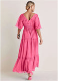 Flutter Sleeve Maxi Dress Hot Pink