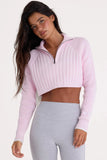 Ribbed Knit Quarter Zip Cropped Jumper in Powder Pink