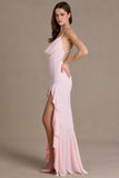 Chiffon Cowl Neck Open Back Gown in Baby Pink