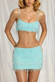 Fringed Low Rise Mini Skirt in Aqua Blue