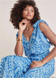 Tie Strap Wide Leg Jumpsuit Blue Allover Spring Paisley