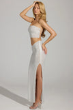 Embellished V Waist Thigh Split Maxi Skirt in White