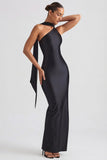 Asymmetric Scarf Detail Maxi Dress in Black