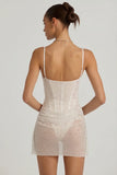Semi Sheer Embellished Draped Corset Mini Dress in White