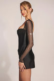 Embellished Long Sleeve Draped Mini Dress in Black