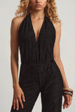Devoré Halterneck Open Back Jumpsuit in Black