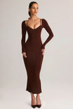 Modal Peekaboo Long Sleeve Midi Dress in Chocolate Brown