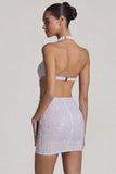 Embellished Cut Out Halterneck Mini Dress in White
