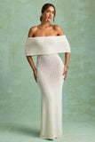 Bouclé Off Shoulder Maxi Dress in White