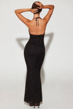 Embellished Plunge Halter Neck Evening Gown in Black