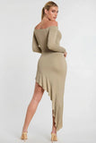 Long Sleeve Off The Shoulder Modal Cashmere Blend Maxi Dress in Taupe