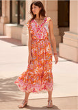 Flutter Sleeve Midi Dress Orange Multi