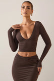 Modal Plunge Long Sleeve Top in Chocolate Brown