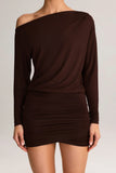 Modal Off Shoulder Wrap Mini Dress in Chocolate Brown