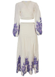 Printed Linen Two Piece Set Purple Paisley Border