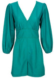 Linen Balloon Sleeve Romper Tropical Green
