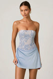 Embellished Draped Strapless A Line Mini Dress in Sky Blue